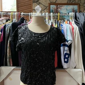 Vintage TINA Black Silk Sequined Top. Black Beaded Trim. NEW YEARS PARTY!!